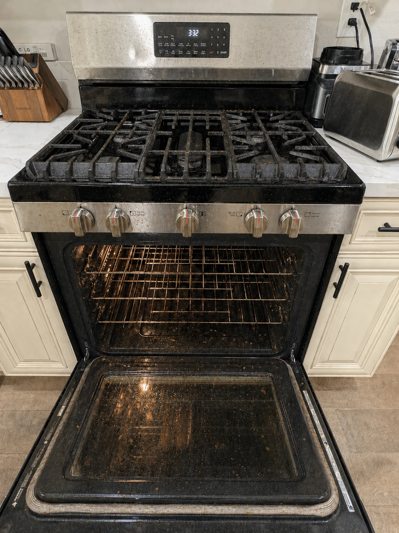 Dirty oven and stovetop before cleaning